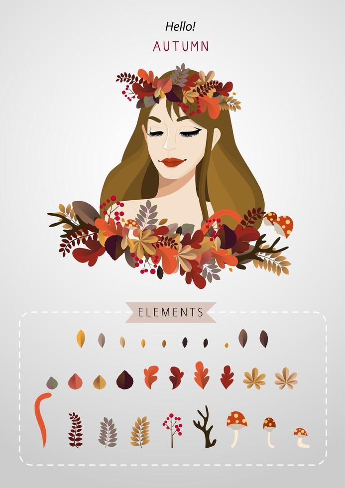 elegante otoño niña, hojas y elementos establecidos vector