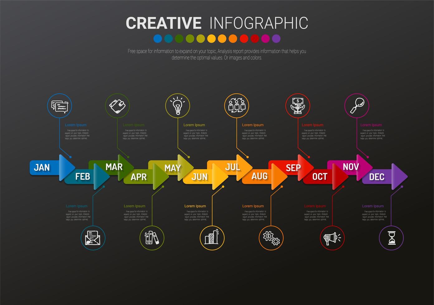 12 month colorful arrow infographic template vector