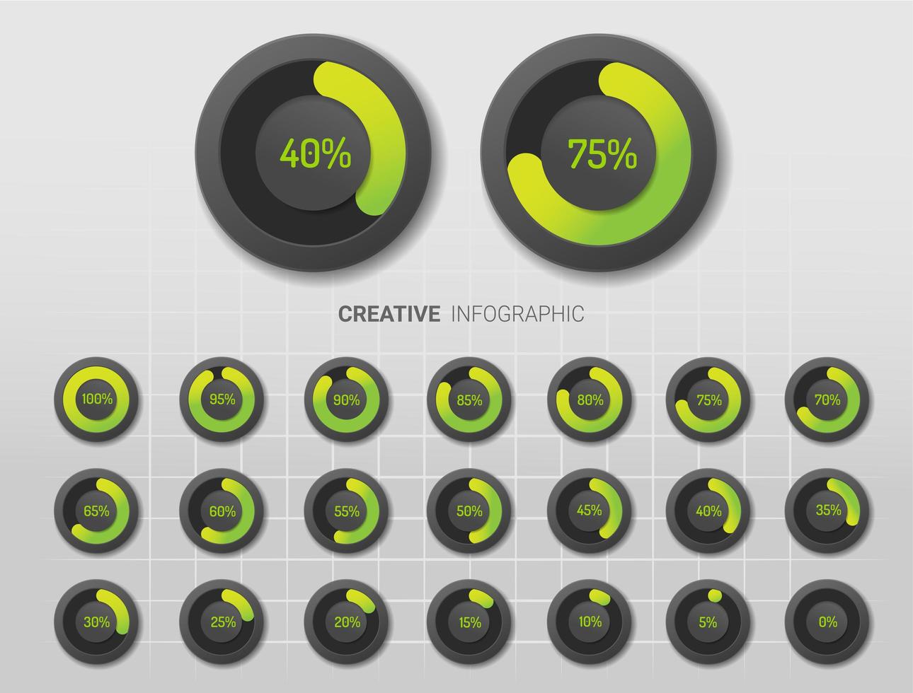 Green gradient and gray circle percentage diagrams vector