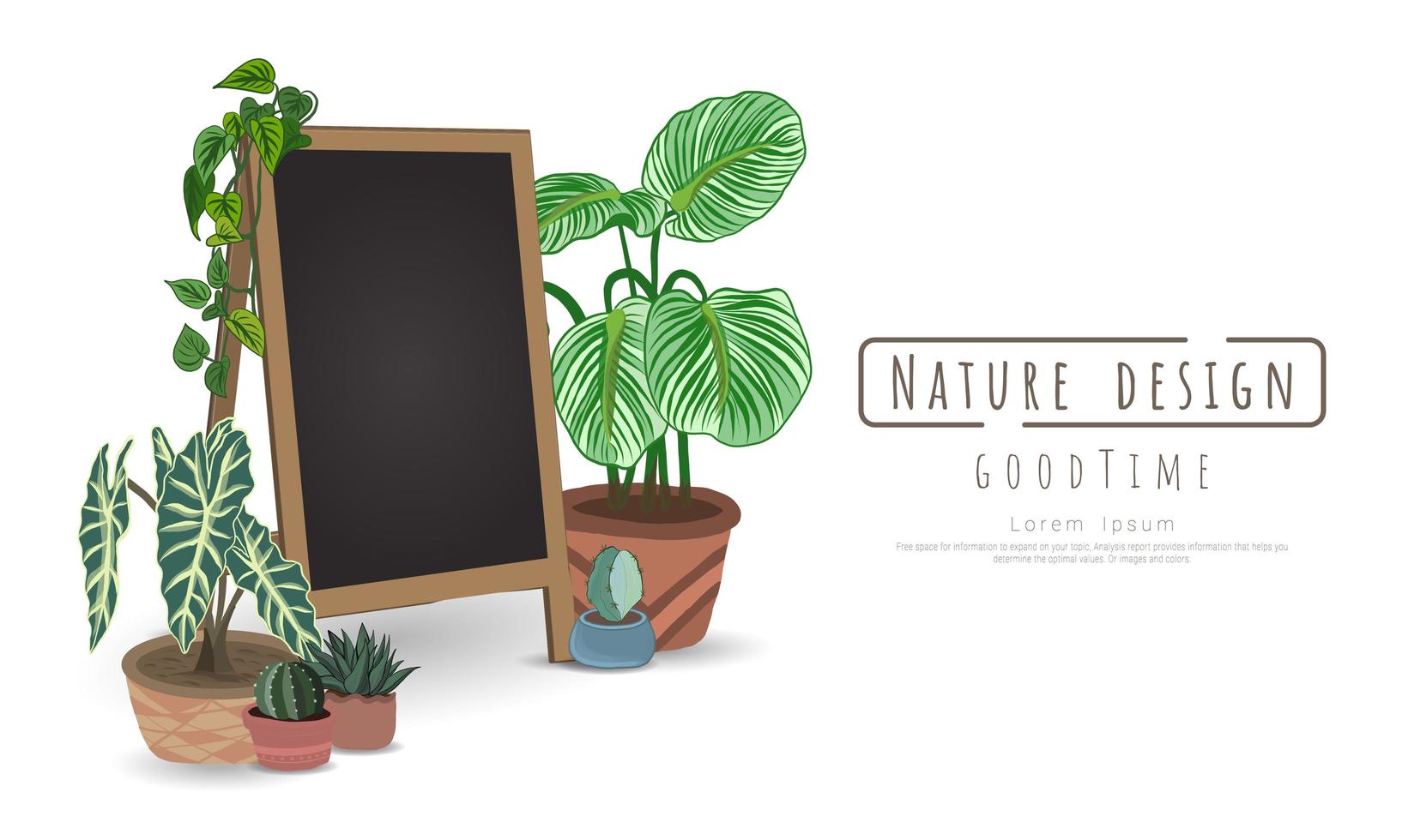 Plantas en macetas y tablero negro sobre blanco. vector