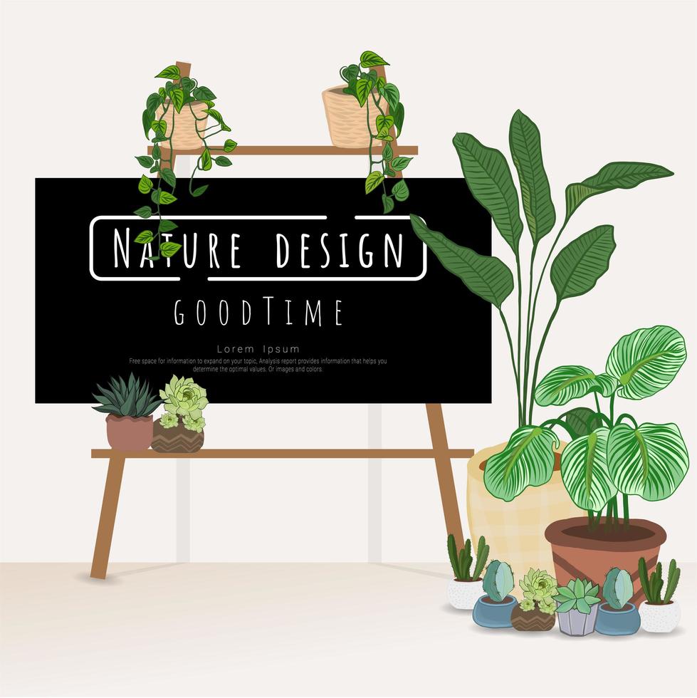 Plantas en macetas con tablero para escribir mensajes. vector