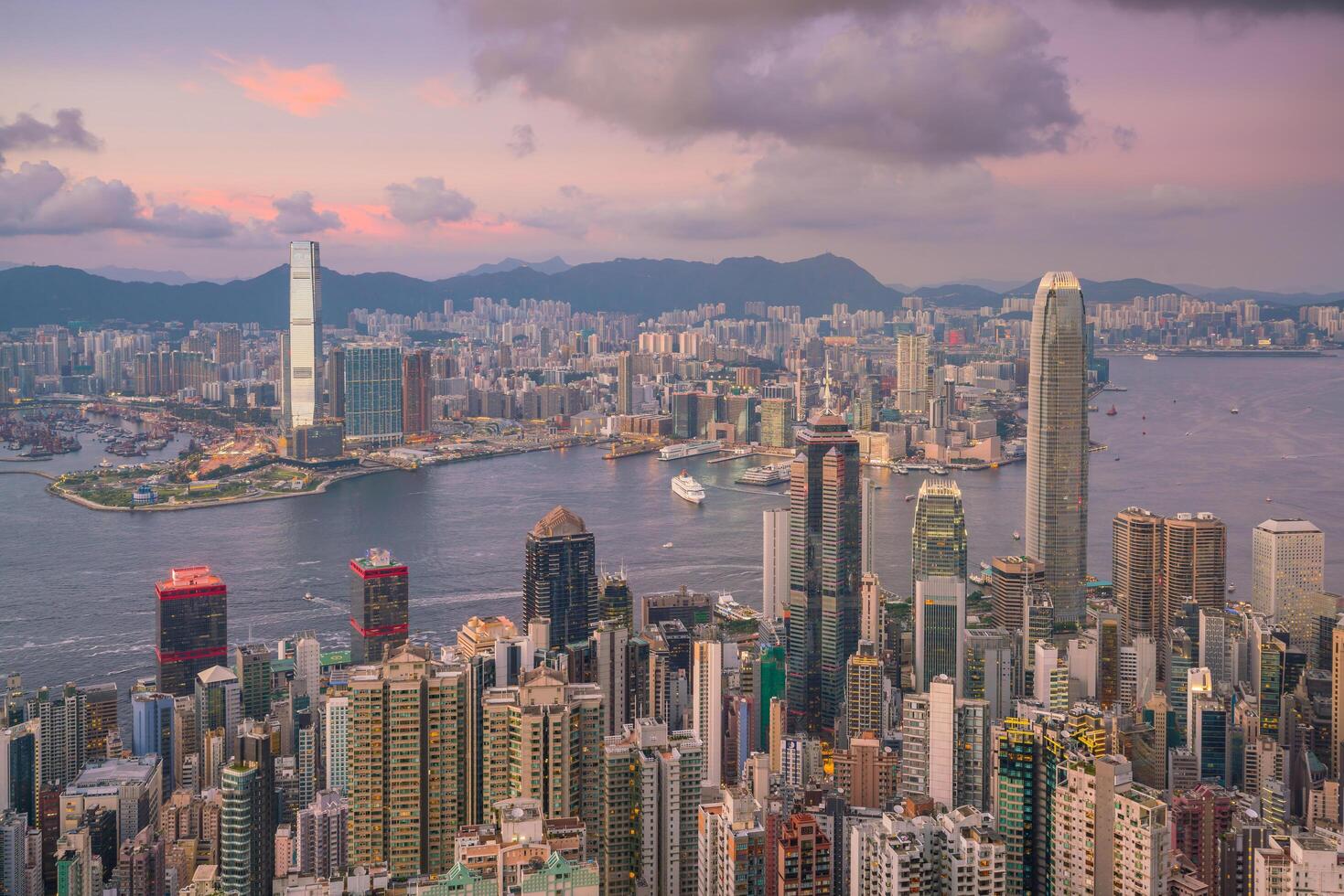 Victoria Harbor and Hong Kong sunset photo