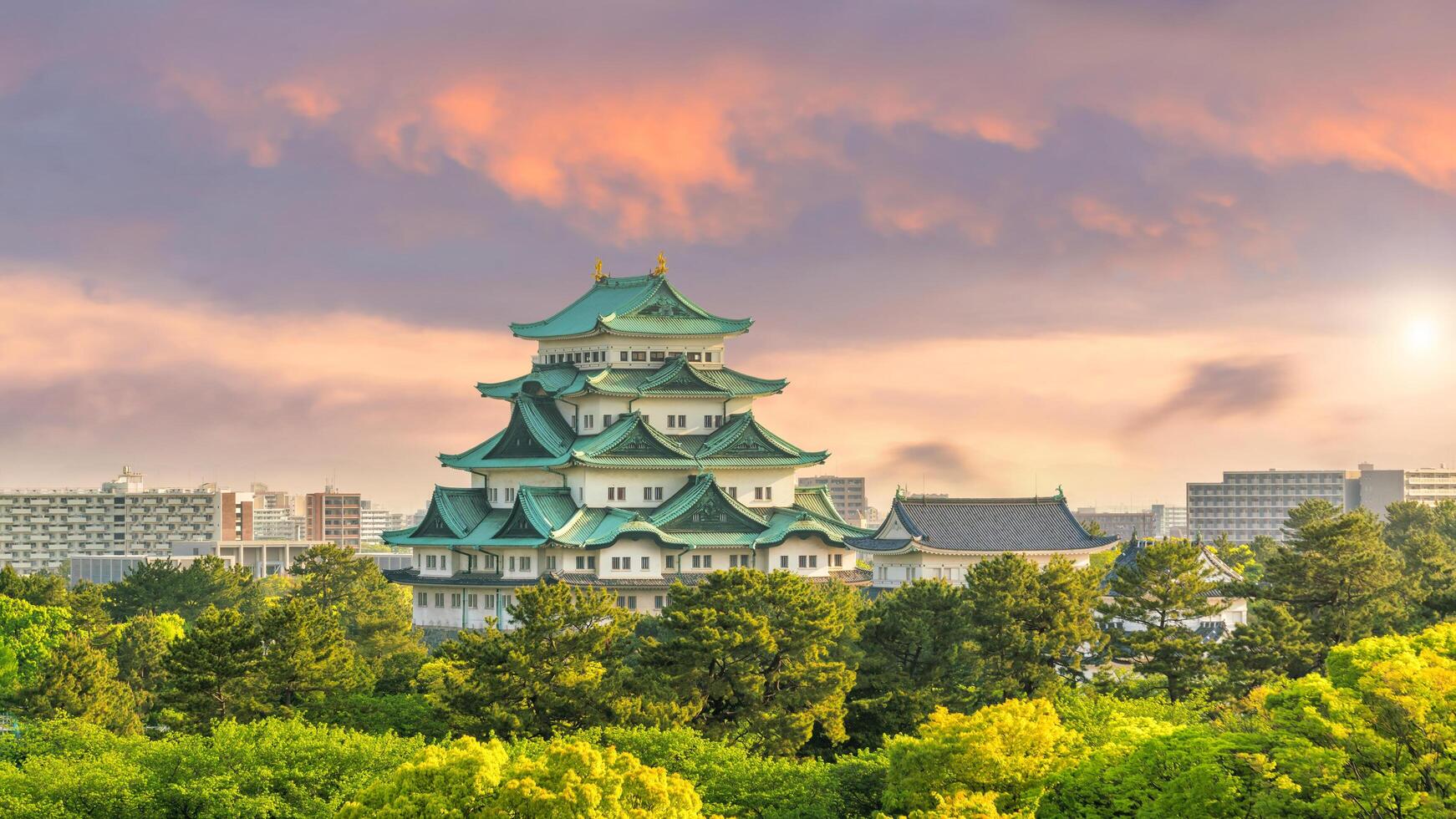 Castillo de Nagoya con horizonte en Japón foto