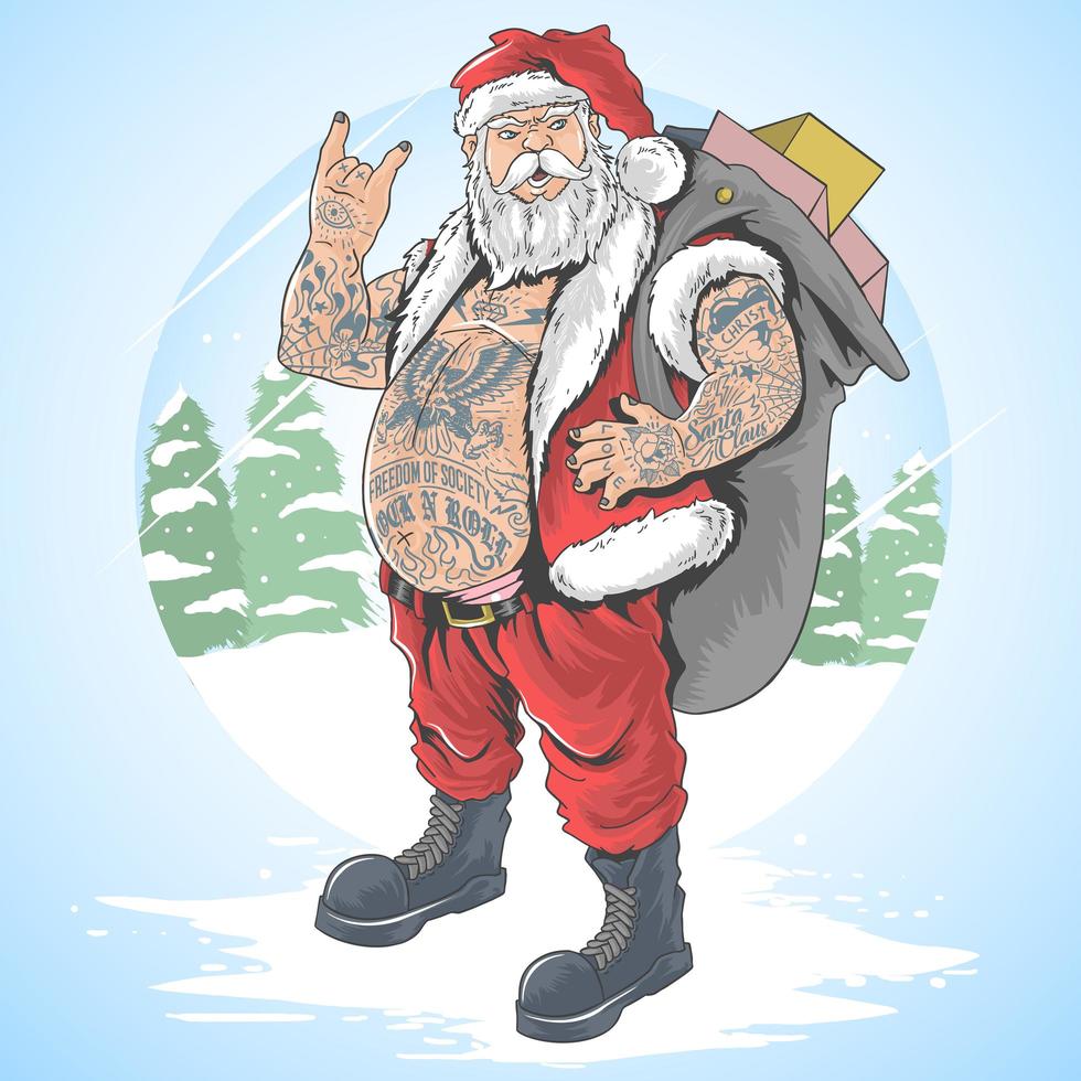 Tattooed Santa Claus carries a gift bag vector