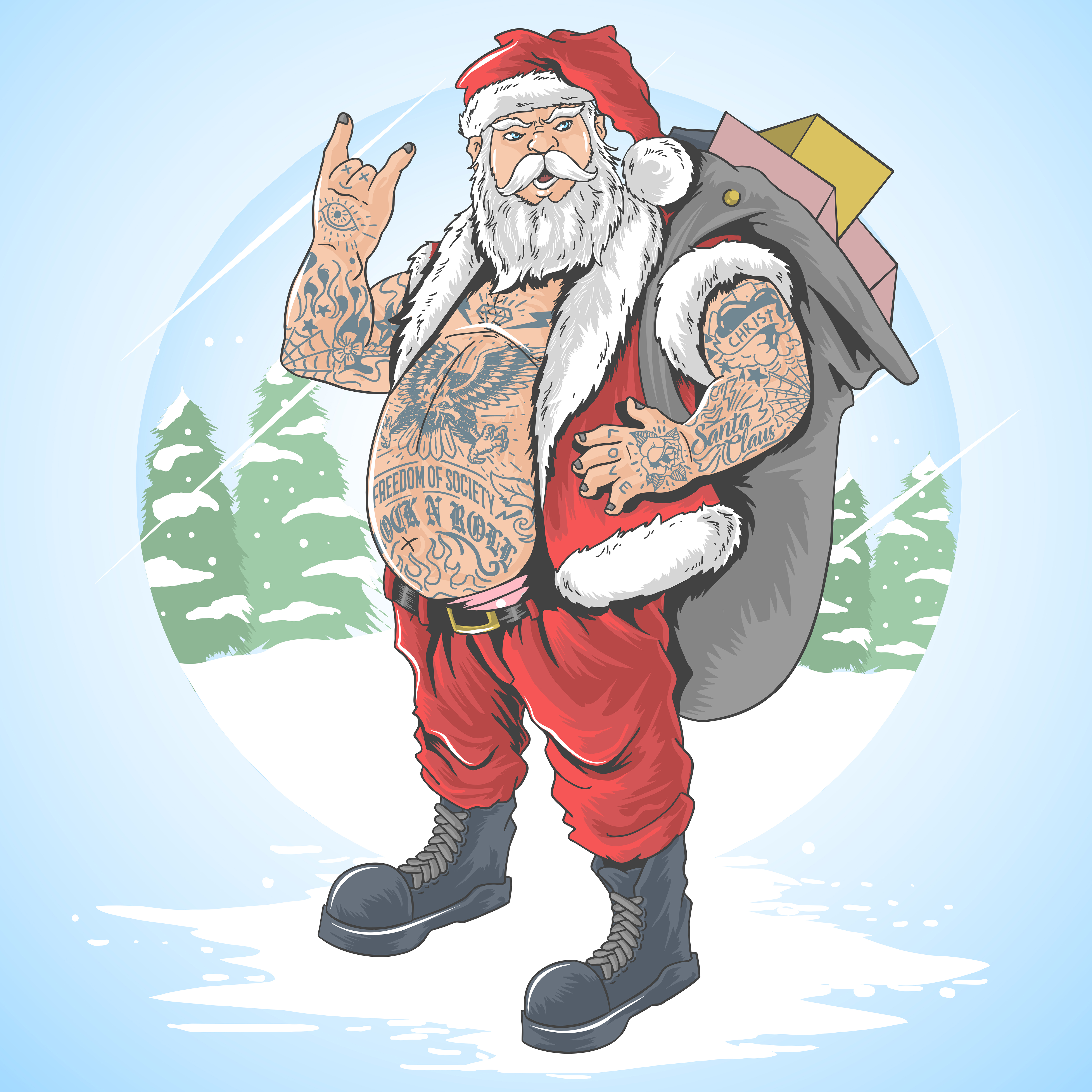 Tattooed Santa Claus carries a gift bag artwork vector.