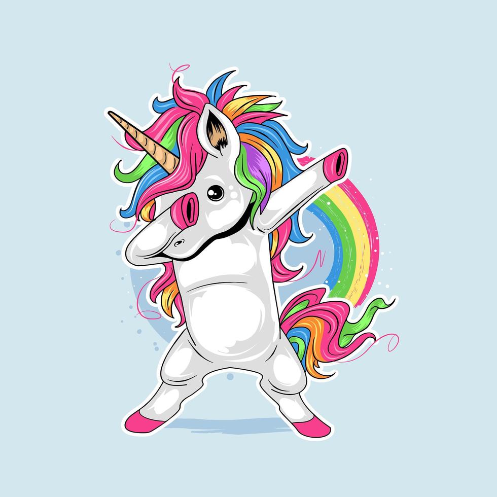 Dabbing unicorn with cute rainbow hair vector