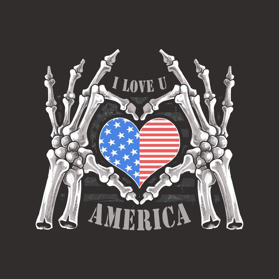 manos de esqueleto sosteniendo el corazón de la bandera americana vector