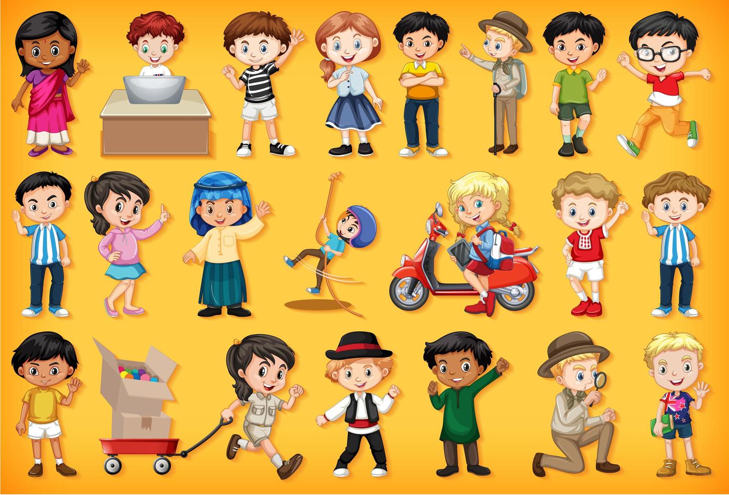 gran conjunto de niños realizando diferentes actividades. vector