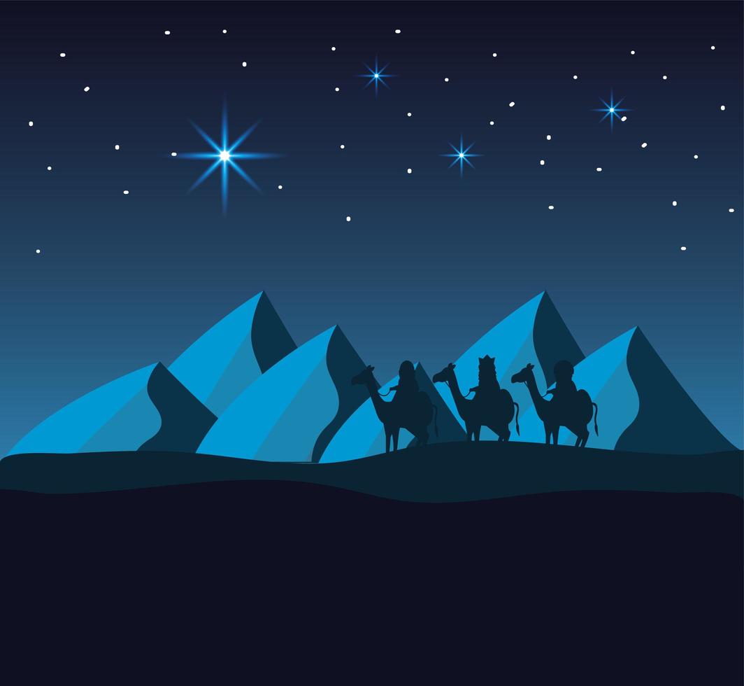 Three kings riding camels in the desert mountains vector