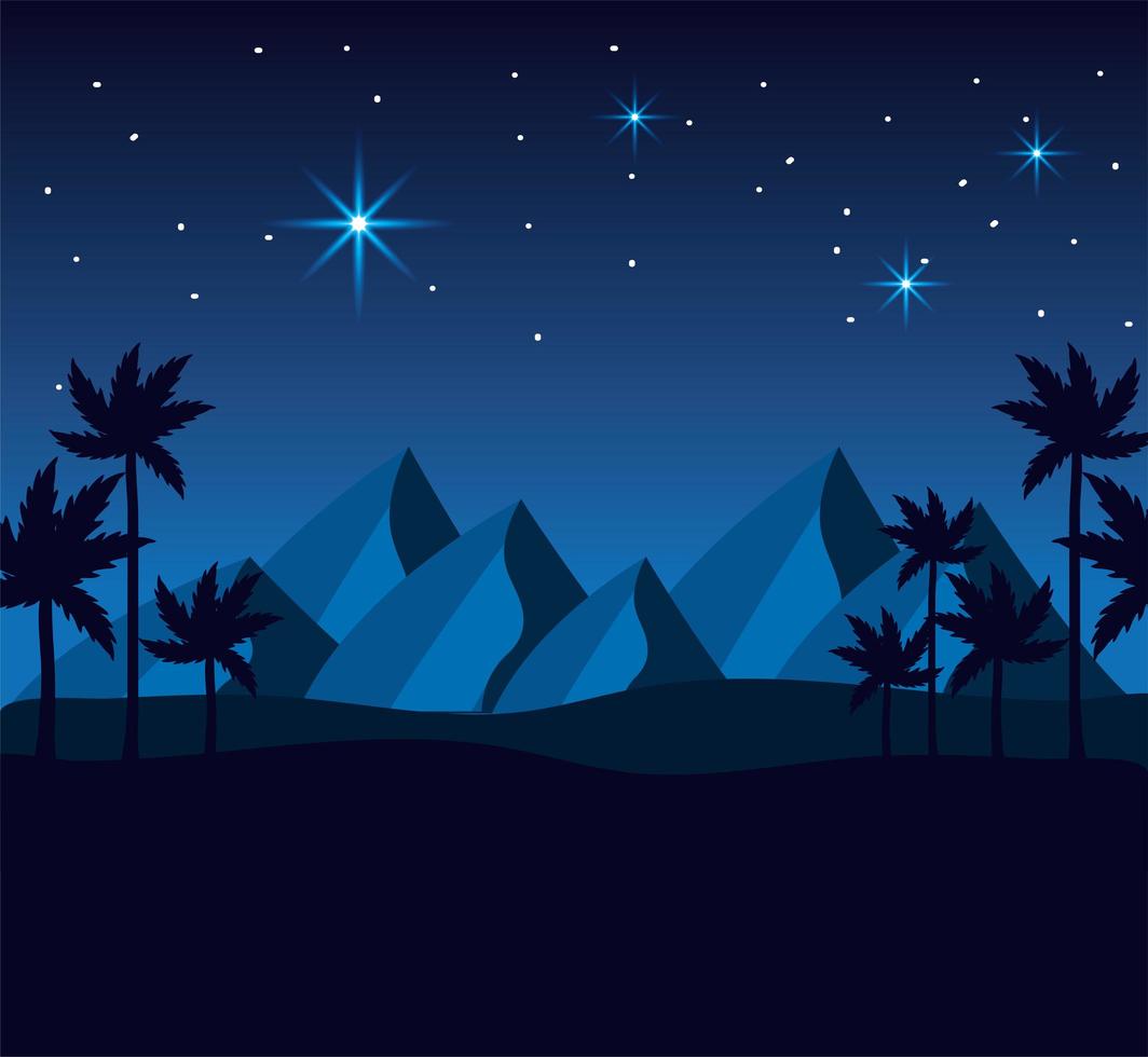 Desert mountains and palm trees at night vector