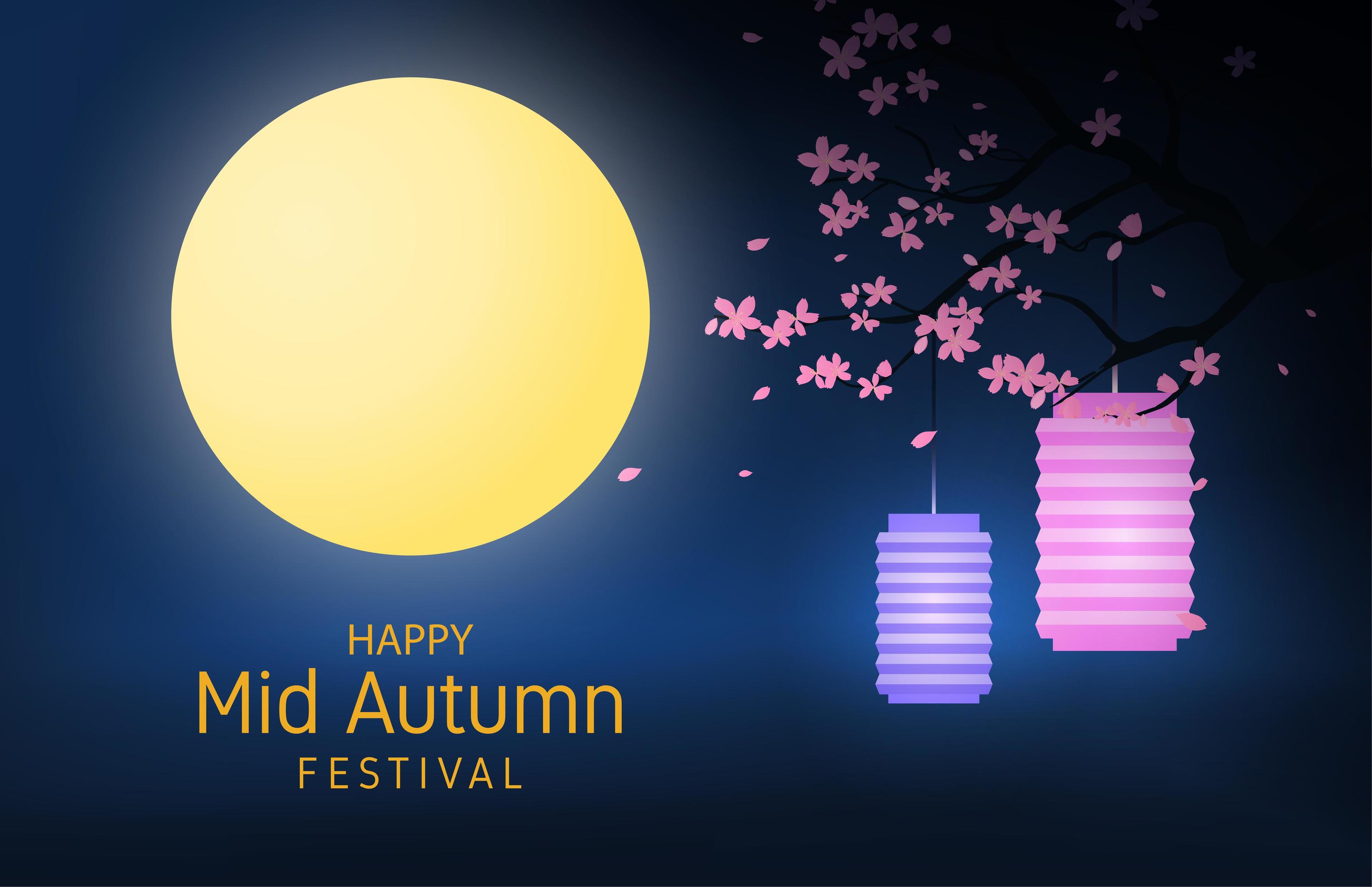 Mid autumn festival poster with lanterns in trees 1310523 Vector Art at