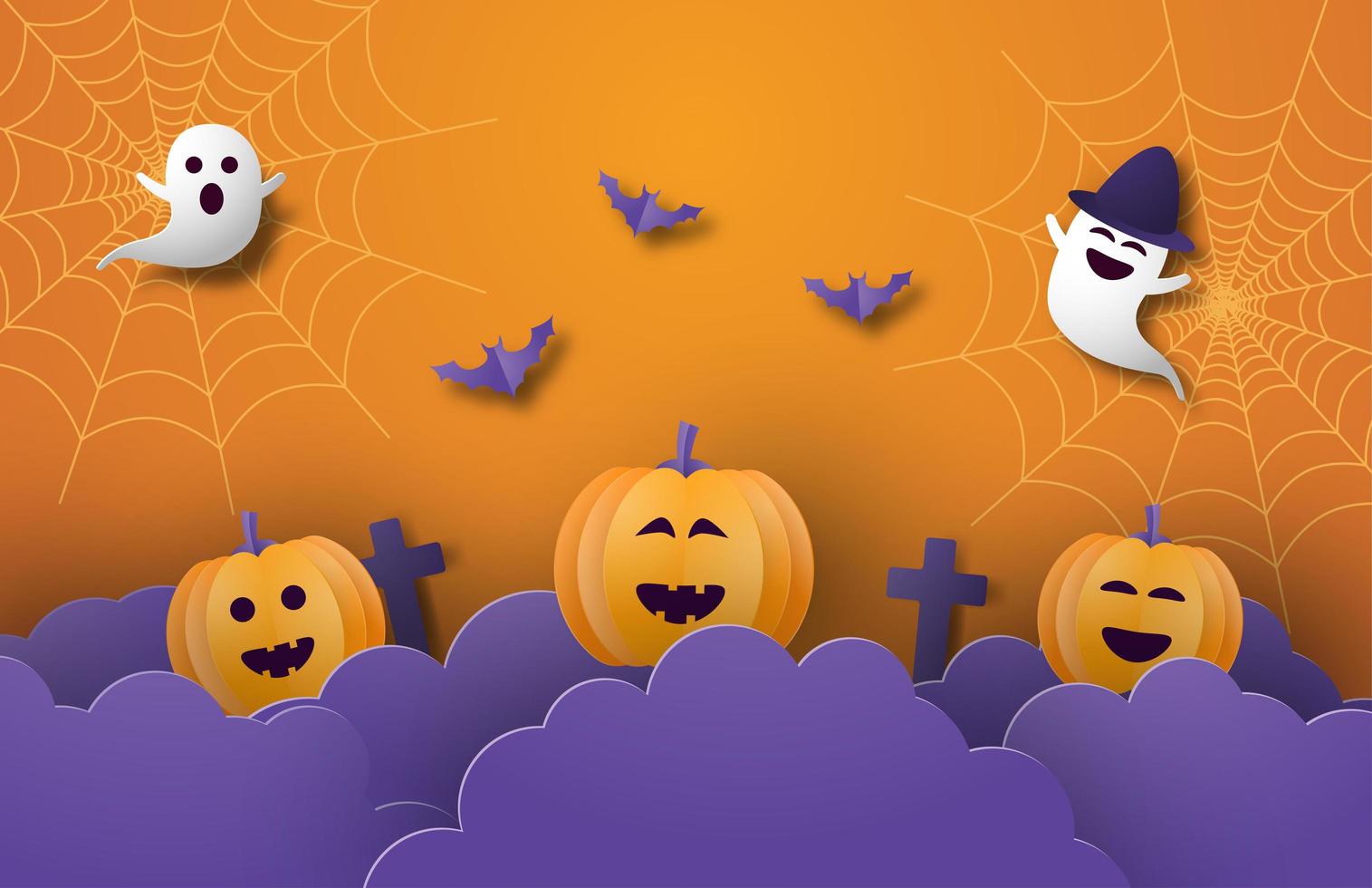 Paper art Halloween banner with pumpkins, ghosts and webs vector