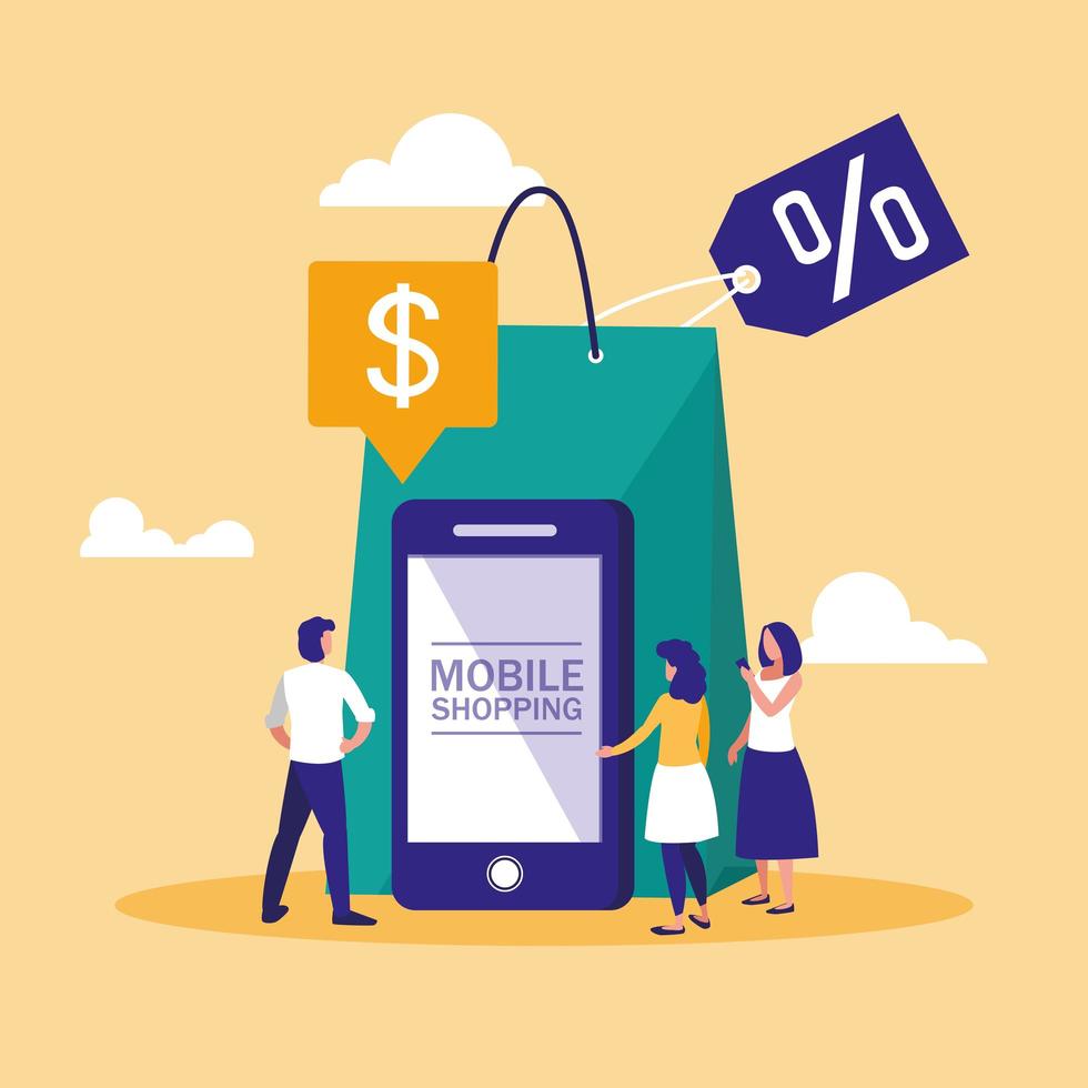 Mini people with smartphone and shopping online vector