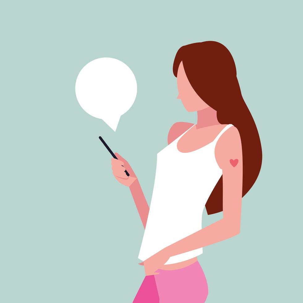 mujer joven, utilizar, smartphone, con, burbuja del discurso vector