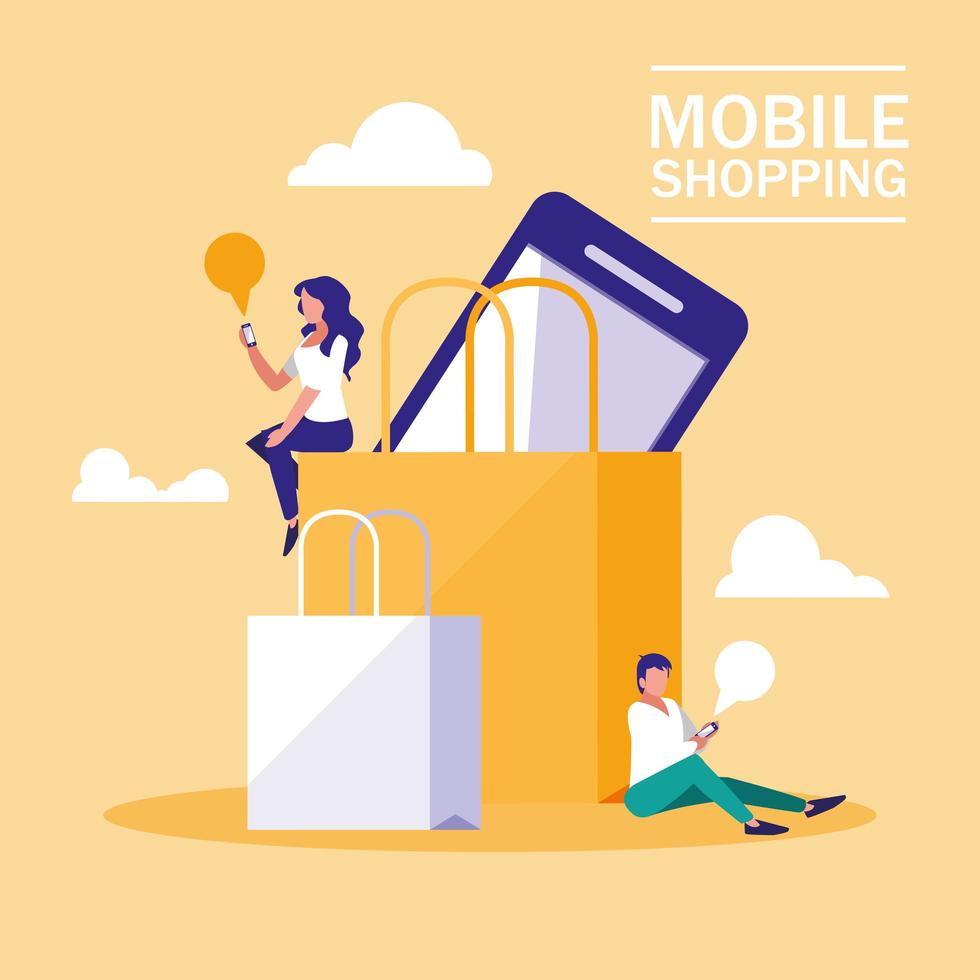 Mini people with smartphone and shopping online vector