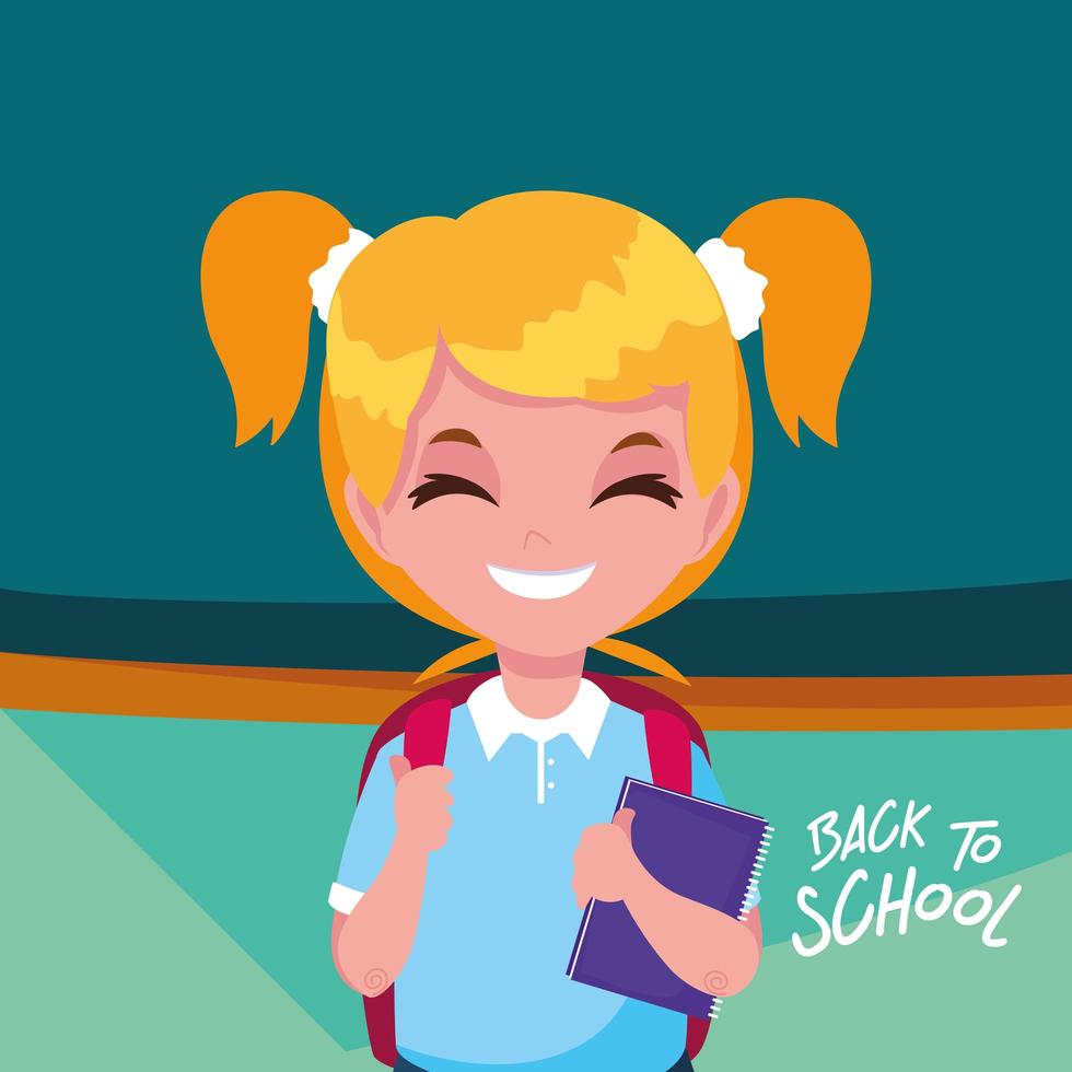 Cute little student girl in poster back to school vector