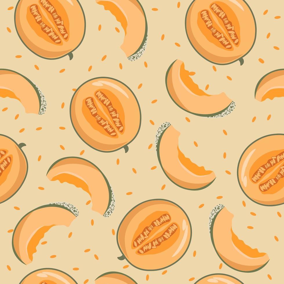 Yellow melon cut in half and slices seamless pattern vector