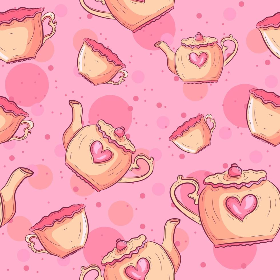 Tea mugs and teapot seamless pattern vector