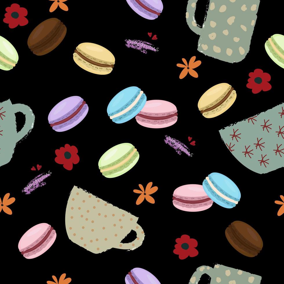 Colorful dessert pattern with macaroons and coffee cups vector