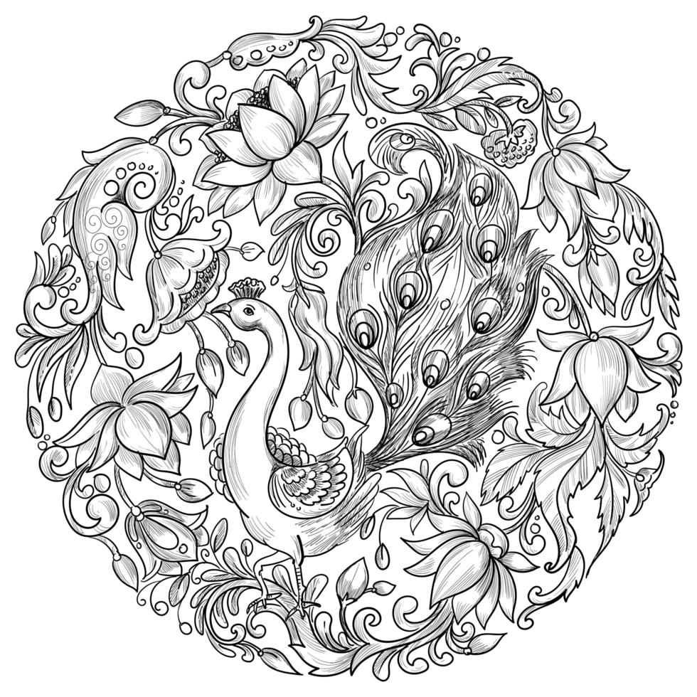 Circular pattern of decorative flwoers and bird vector