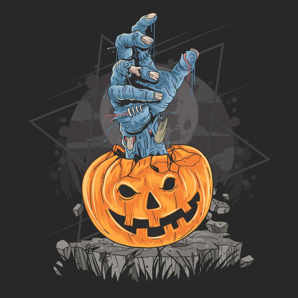 Zombie hand coming out of halloween pumpkin  vector