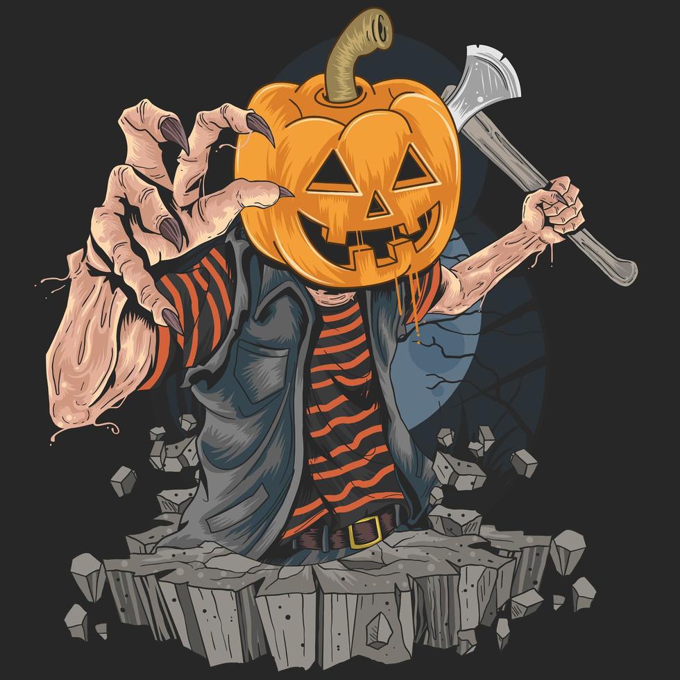 zombie con cabeza de calabaza de halloween sosteniendo un hacha vector