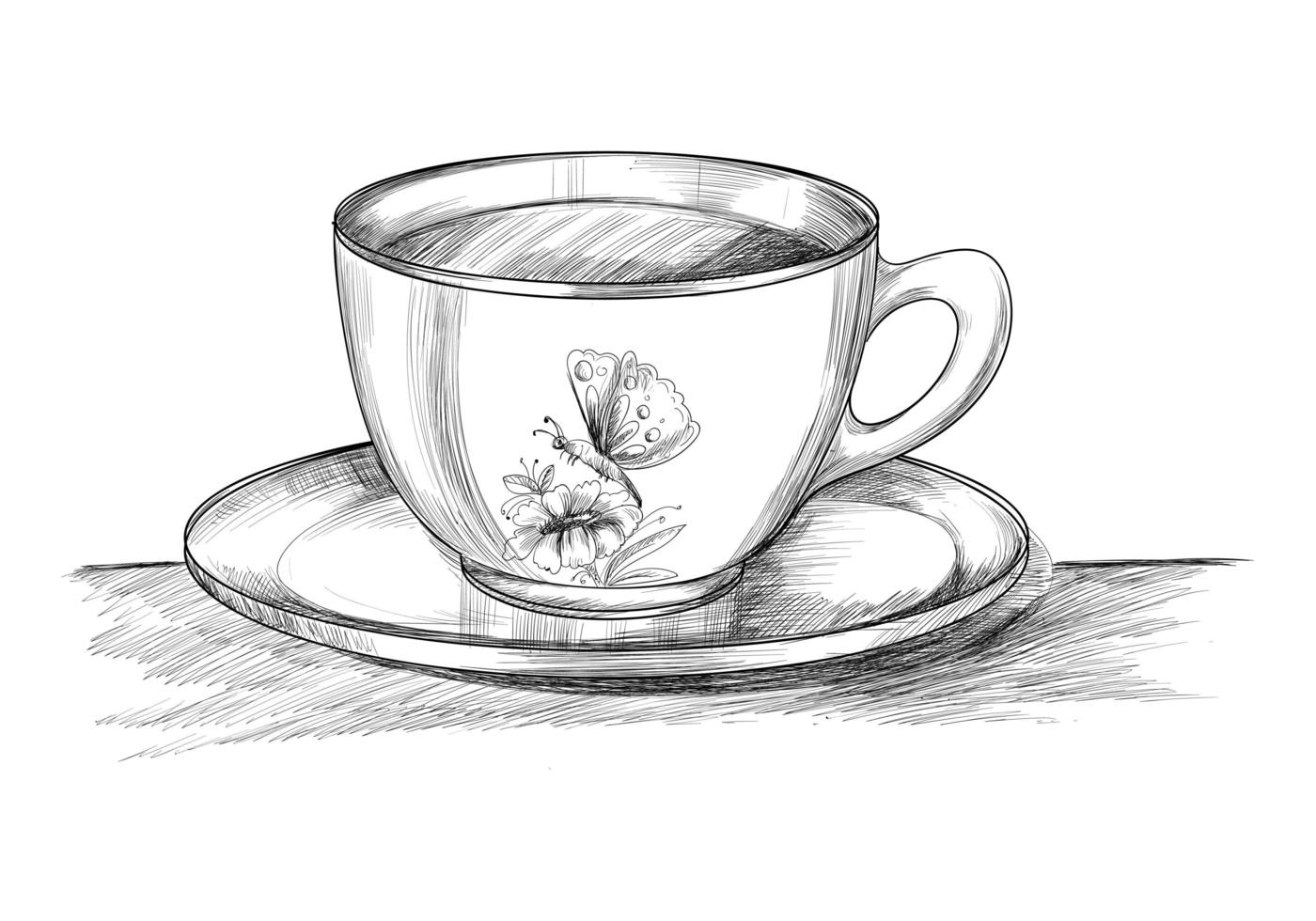 Taza de te con plato y cuchara, dibujo a mano aislado en fondo blanco.  Stock Illustration