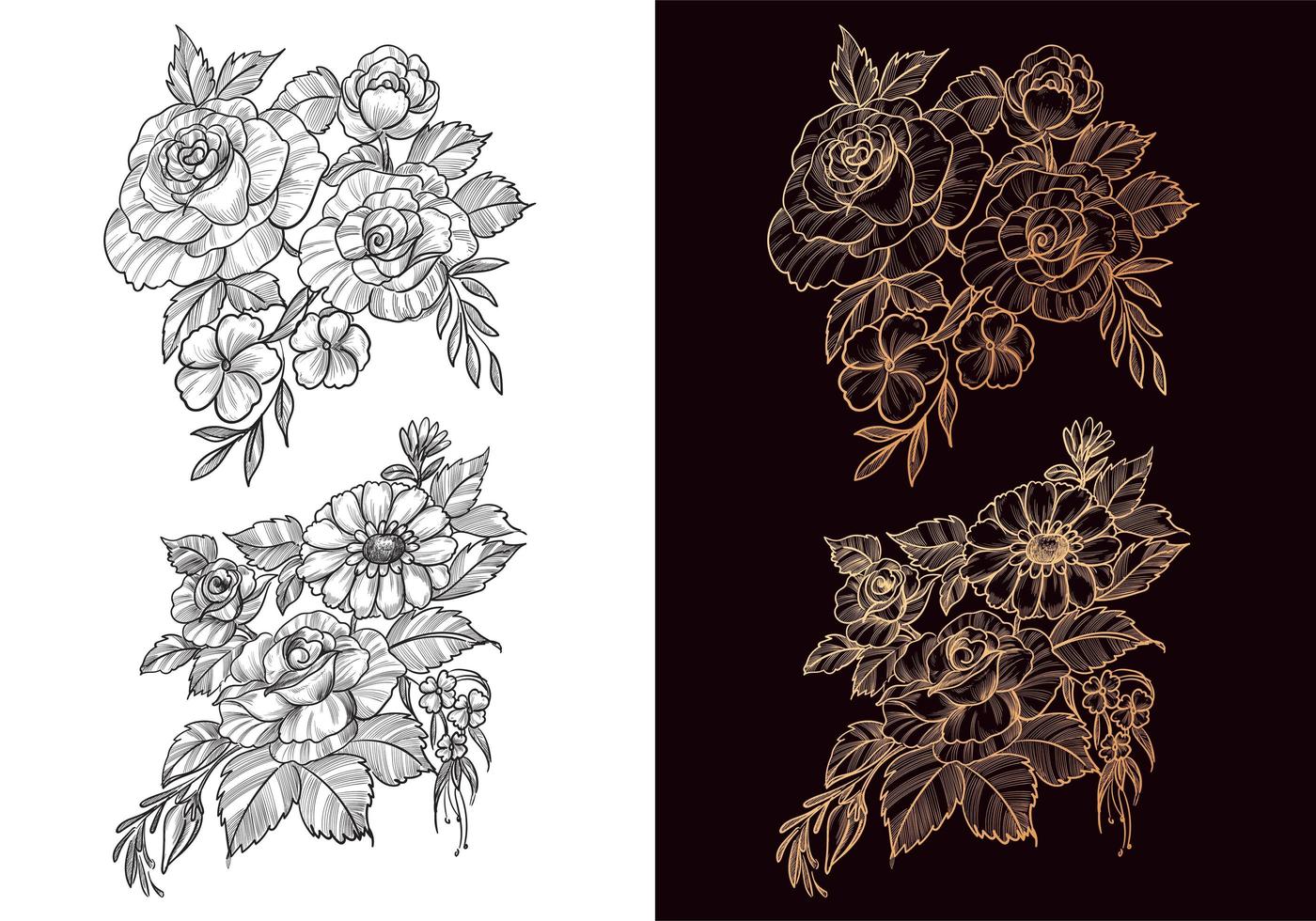 Beautiful decorative sketch floral set vector