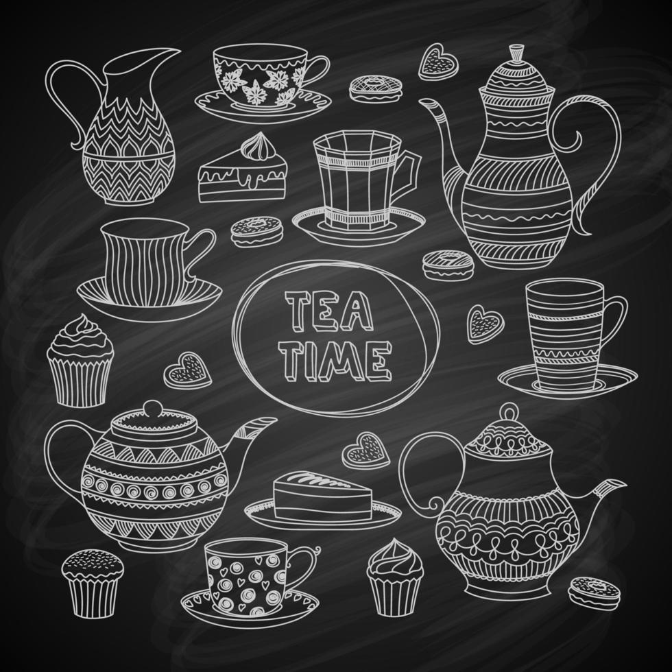 la hora del té, conjunto de iconos de dibujo vector