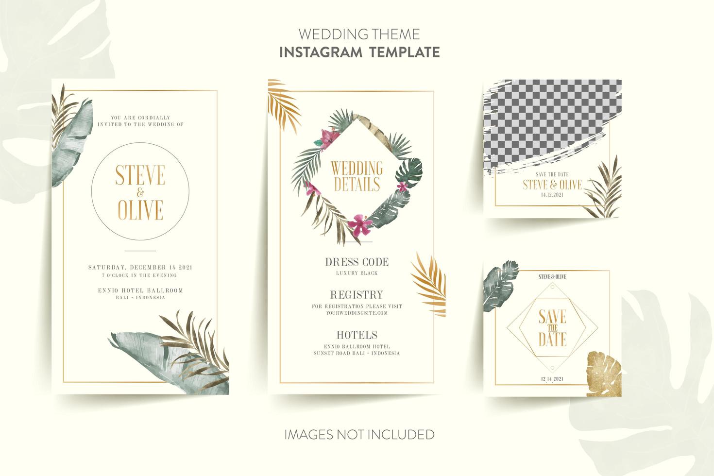 Wedding invitation with tropical flower and leaves square vector