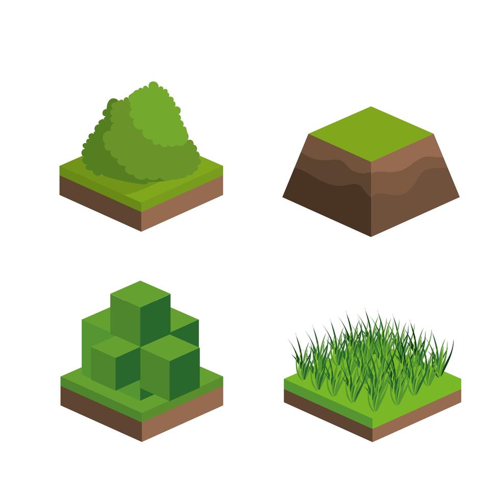 Isometric bushes and grass icon set vector