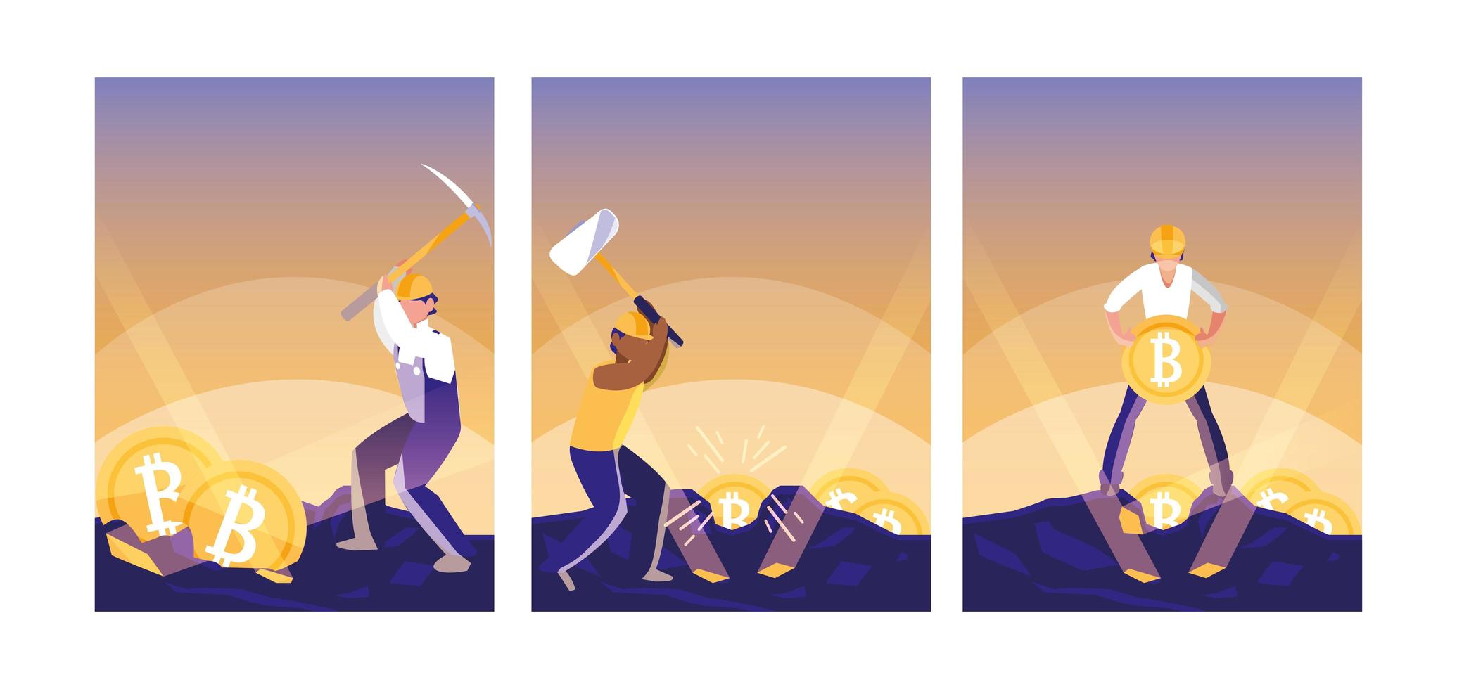 Set of team workers crypto mining bitcoins vector