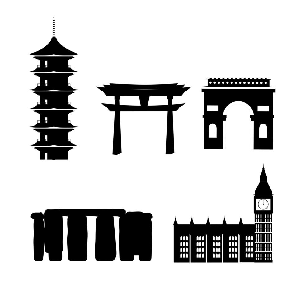 Tourist sights silhouette icon set vector