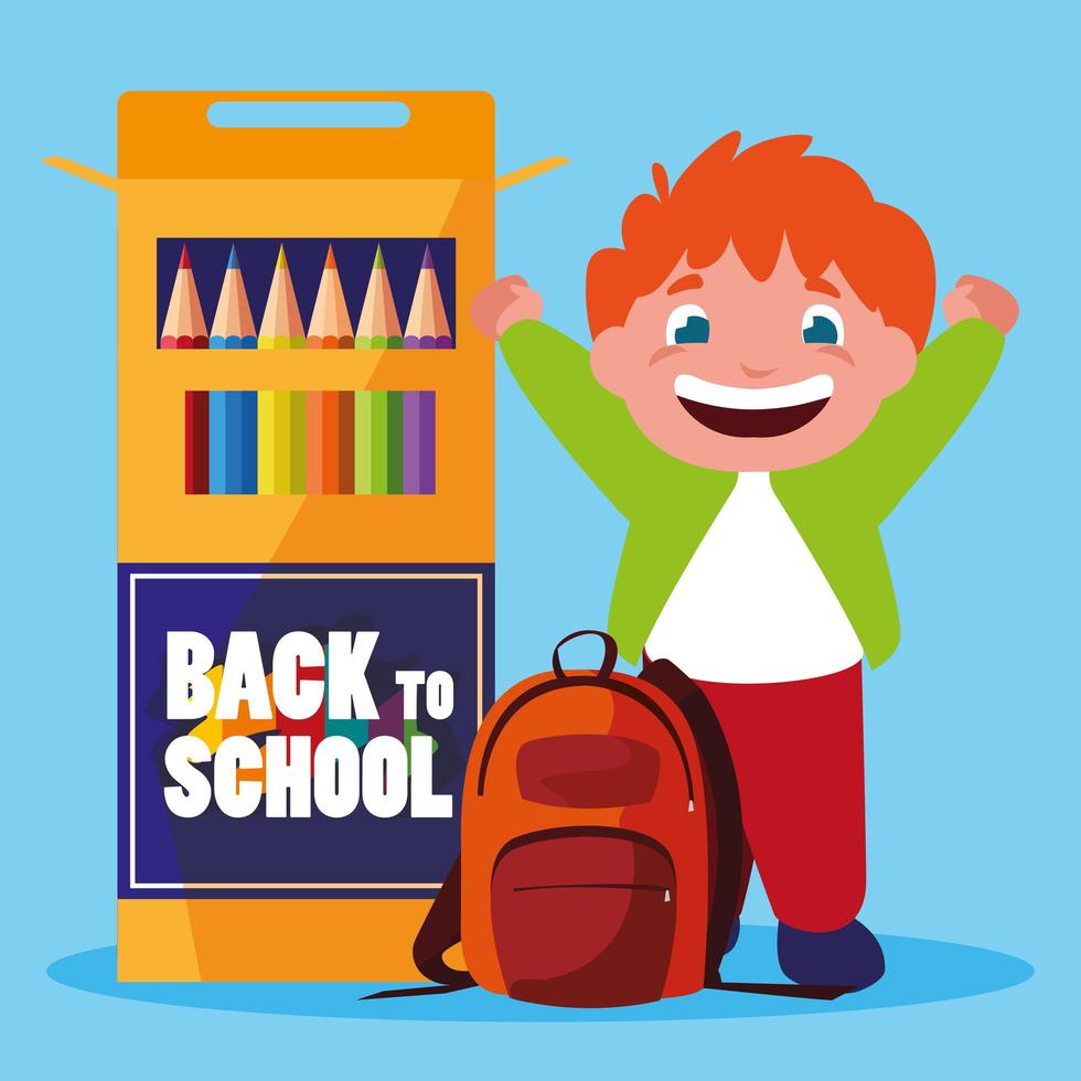 Little student boy with school colors pencils vector