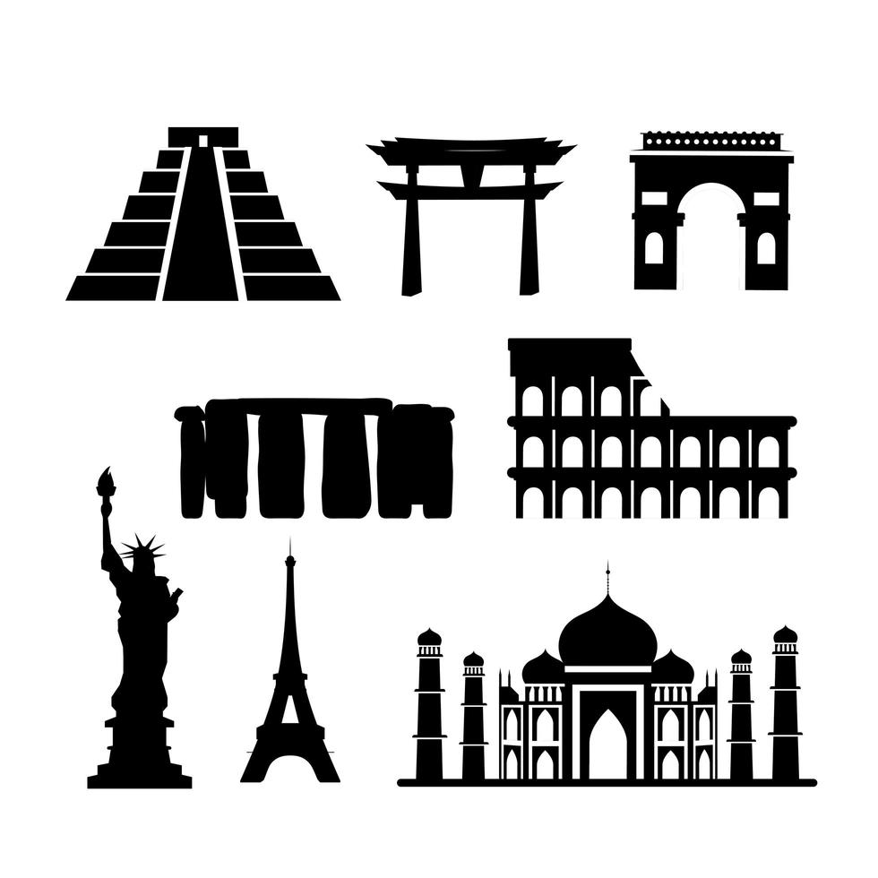 Tourist sights silhouette icon set vector