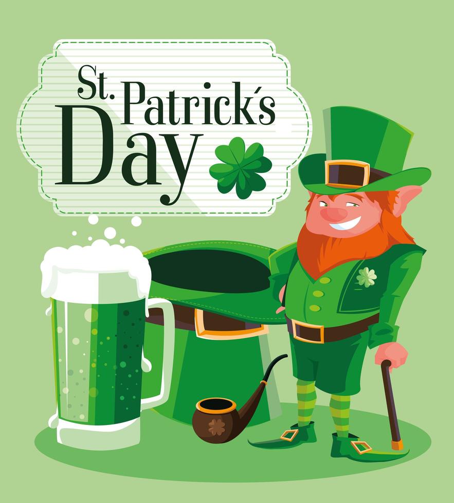 St Patrick Day with leprechaun and icons vector