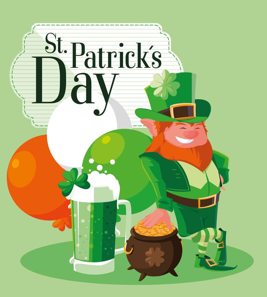 St Patrick Day with leprechaun and icons vector