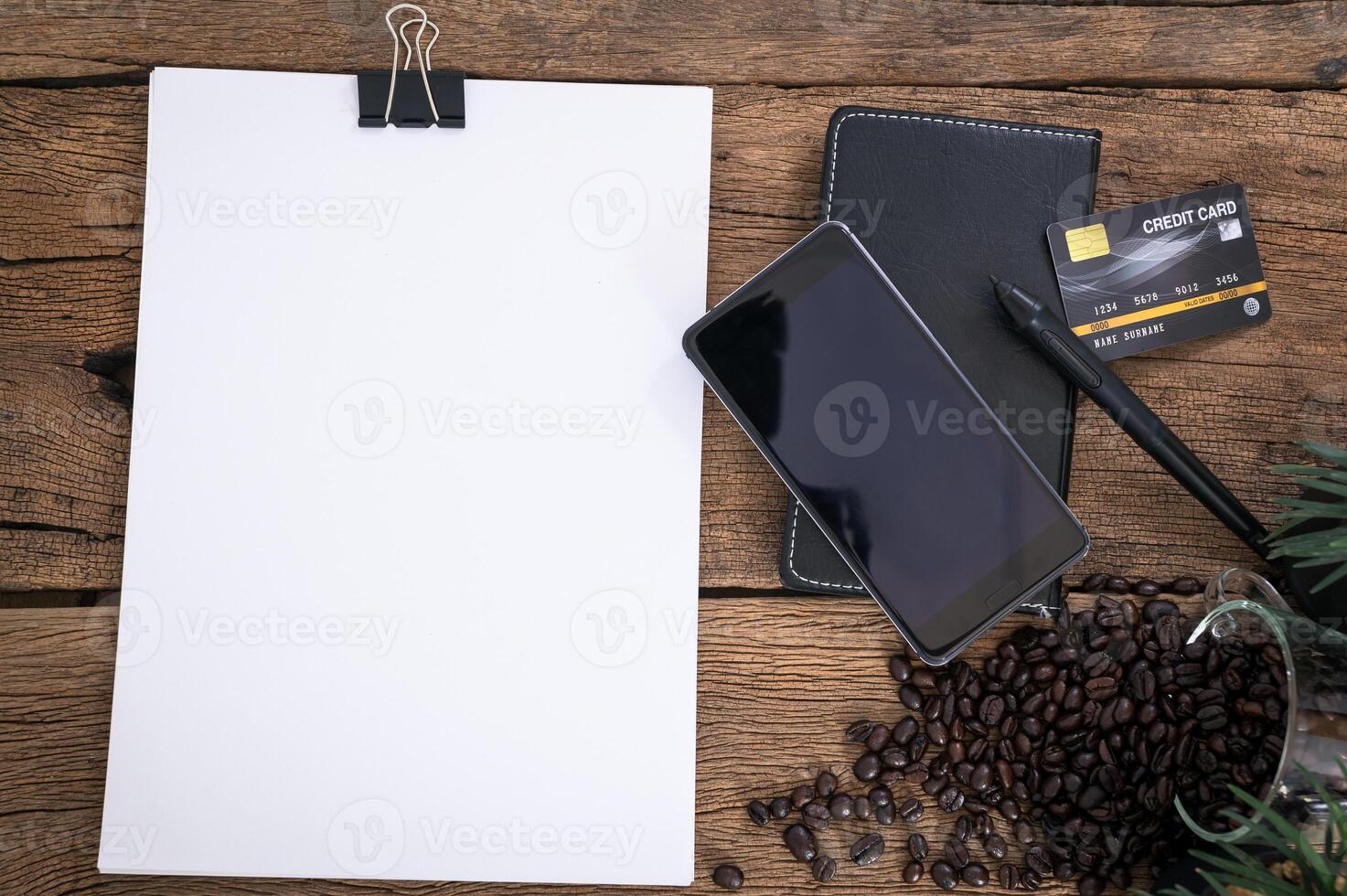 Credit card, smart phone, and blank paper photo