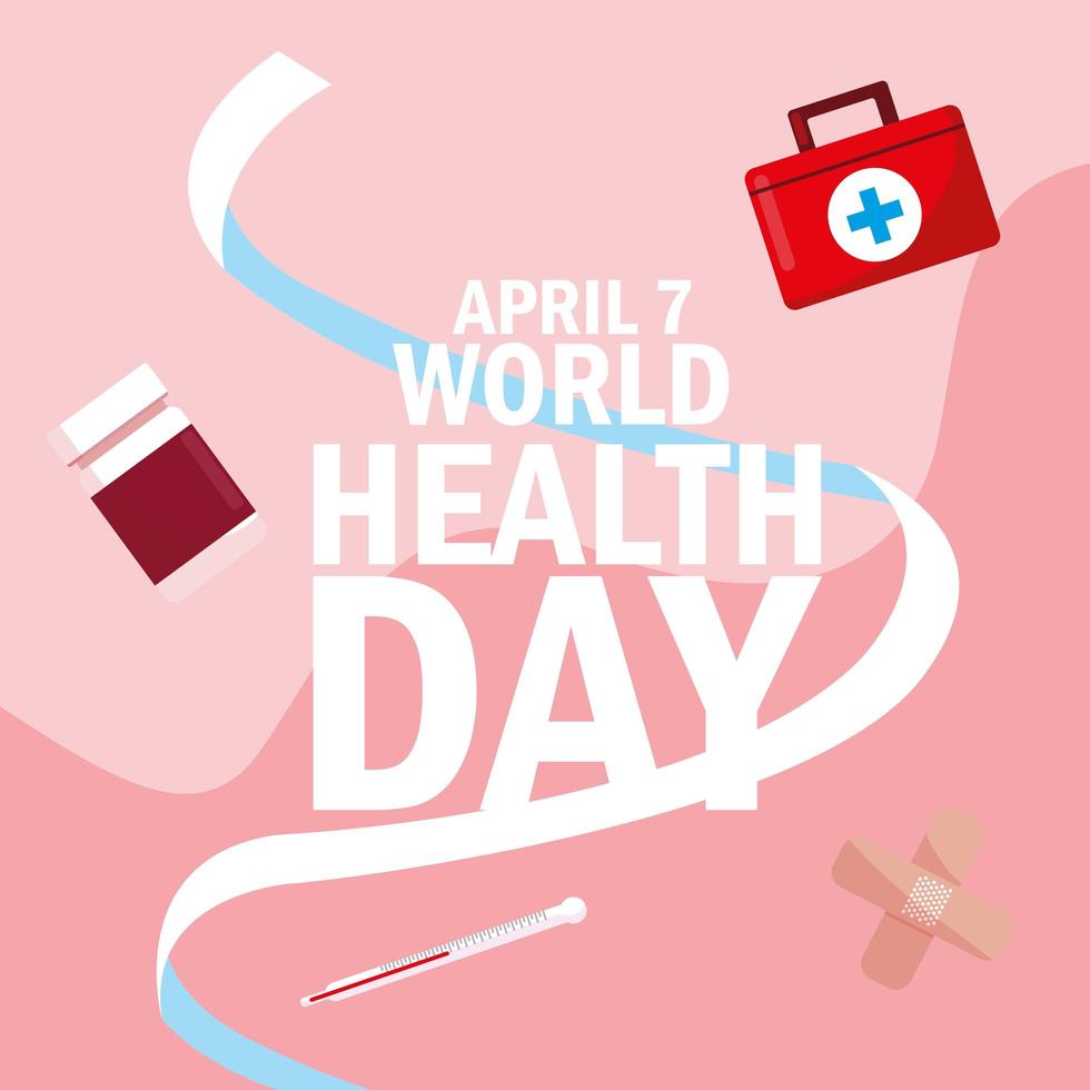 World health day card with bottle medicines and icons vector