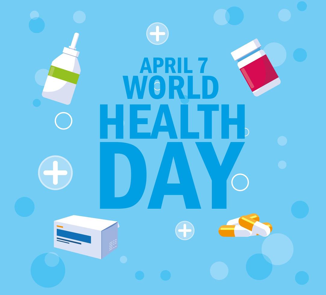 World health day card with bottles and medicines vector