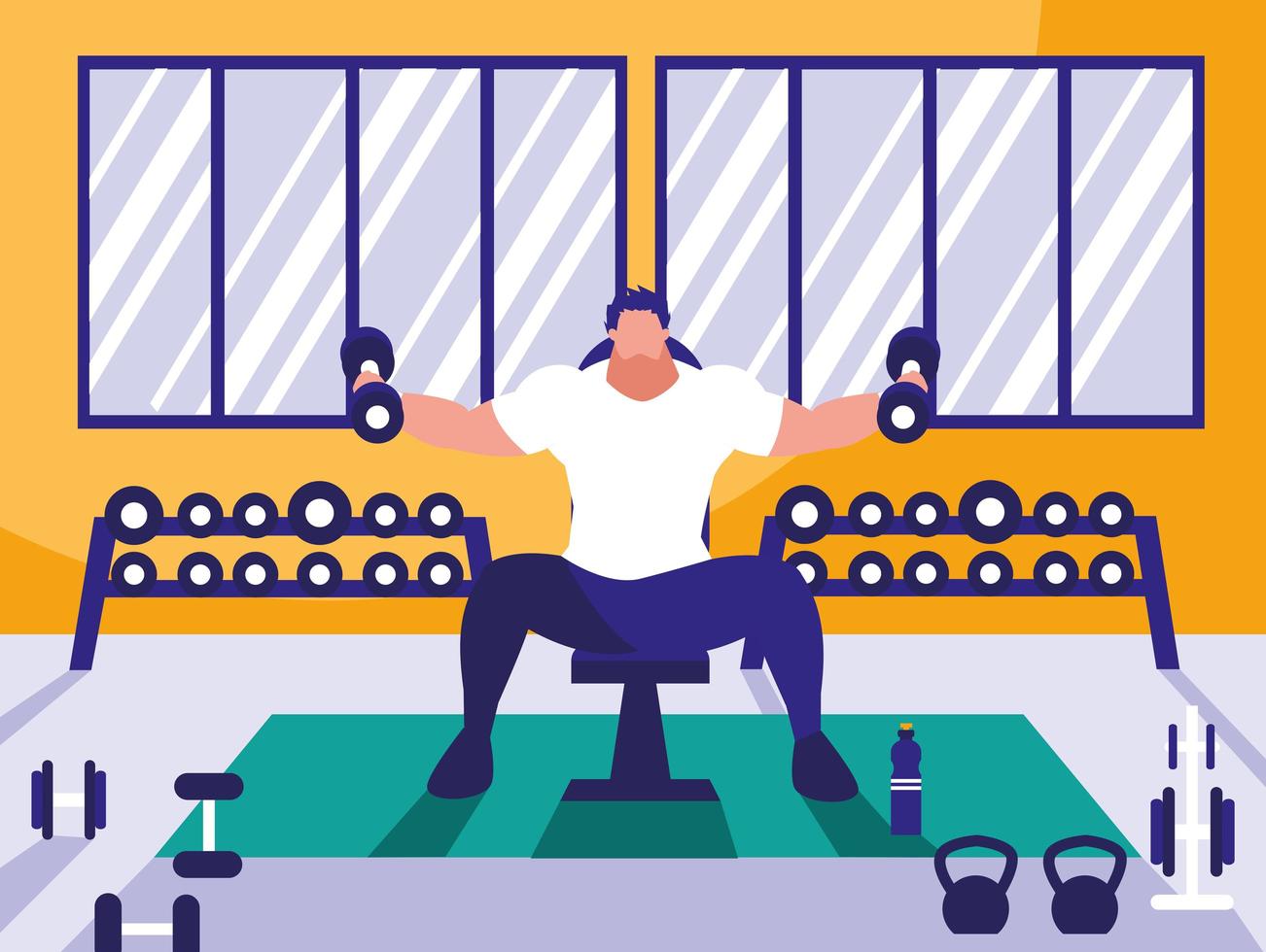 Young man lifting dumbbells in gym vector