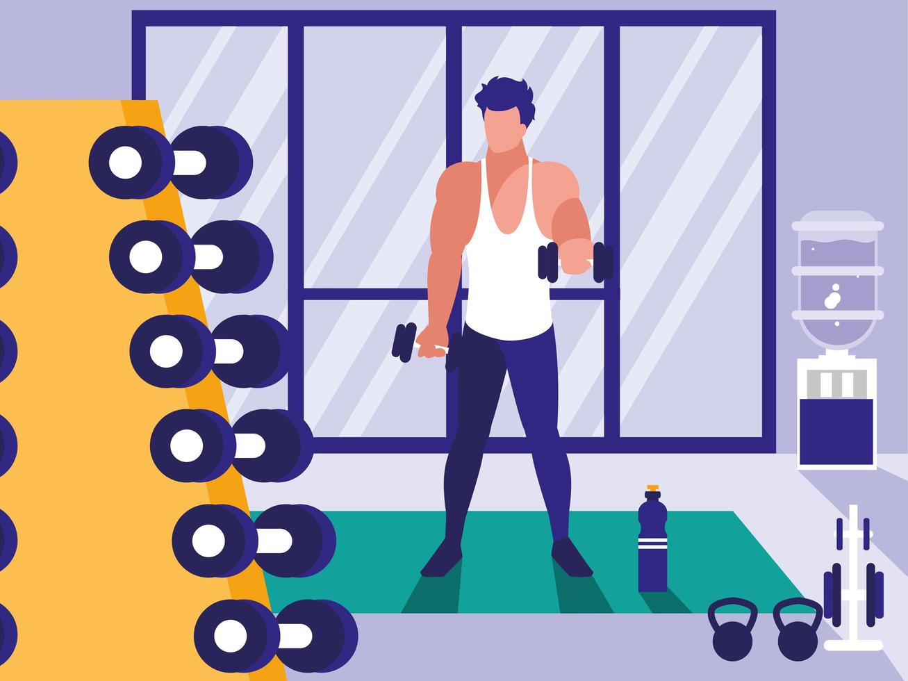 Young man lifting dumbbells in gym vector