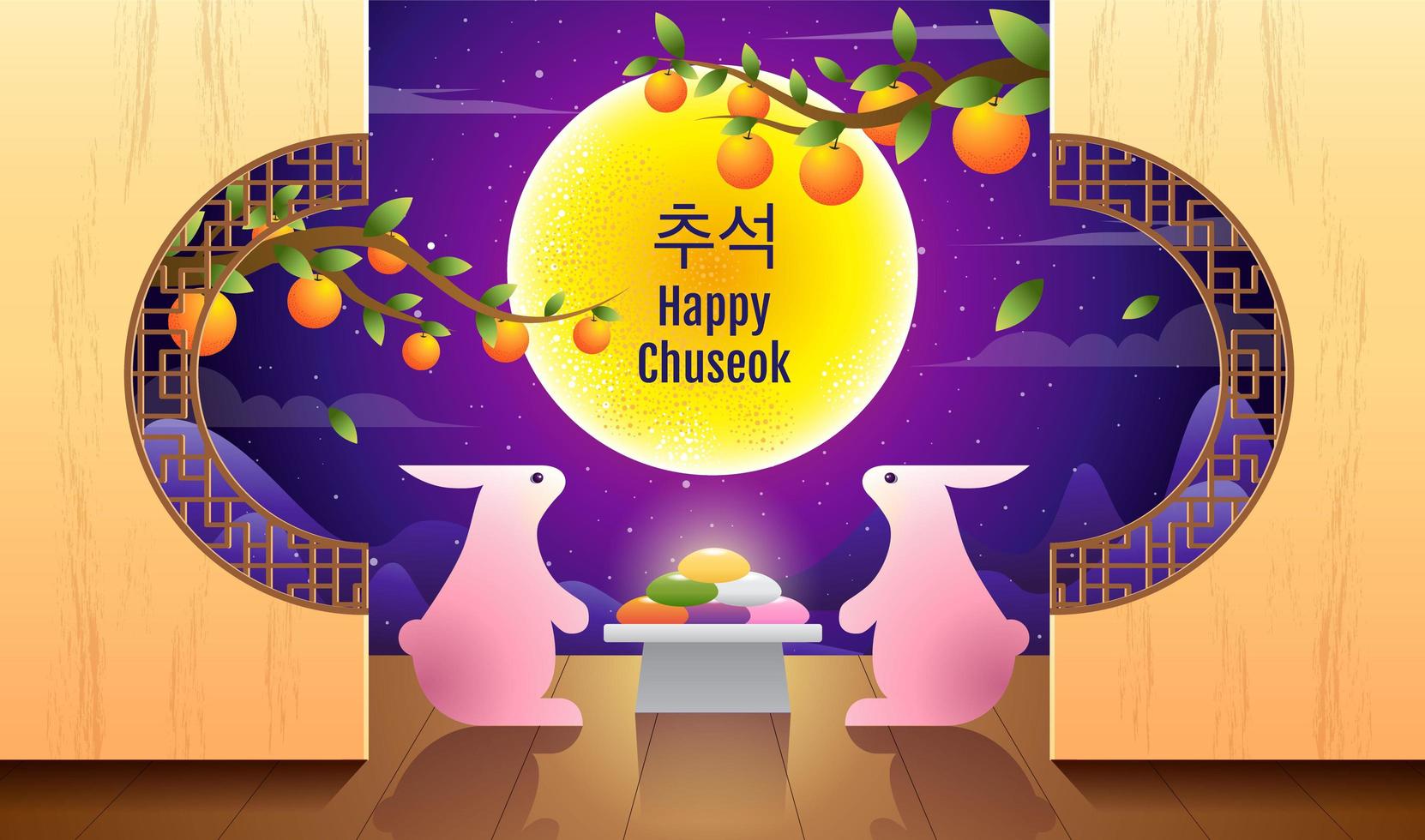 feliz diseño chuseok con conejos y pasteles de luna vector