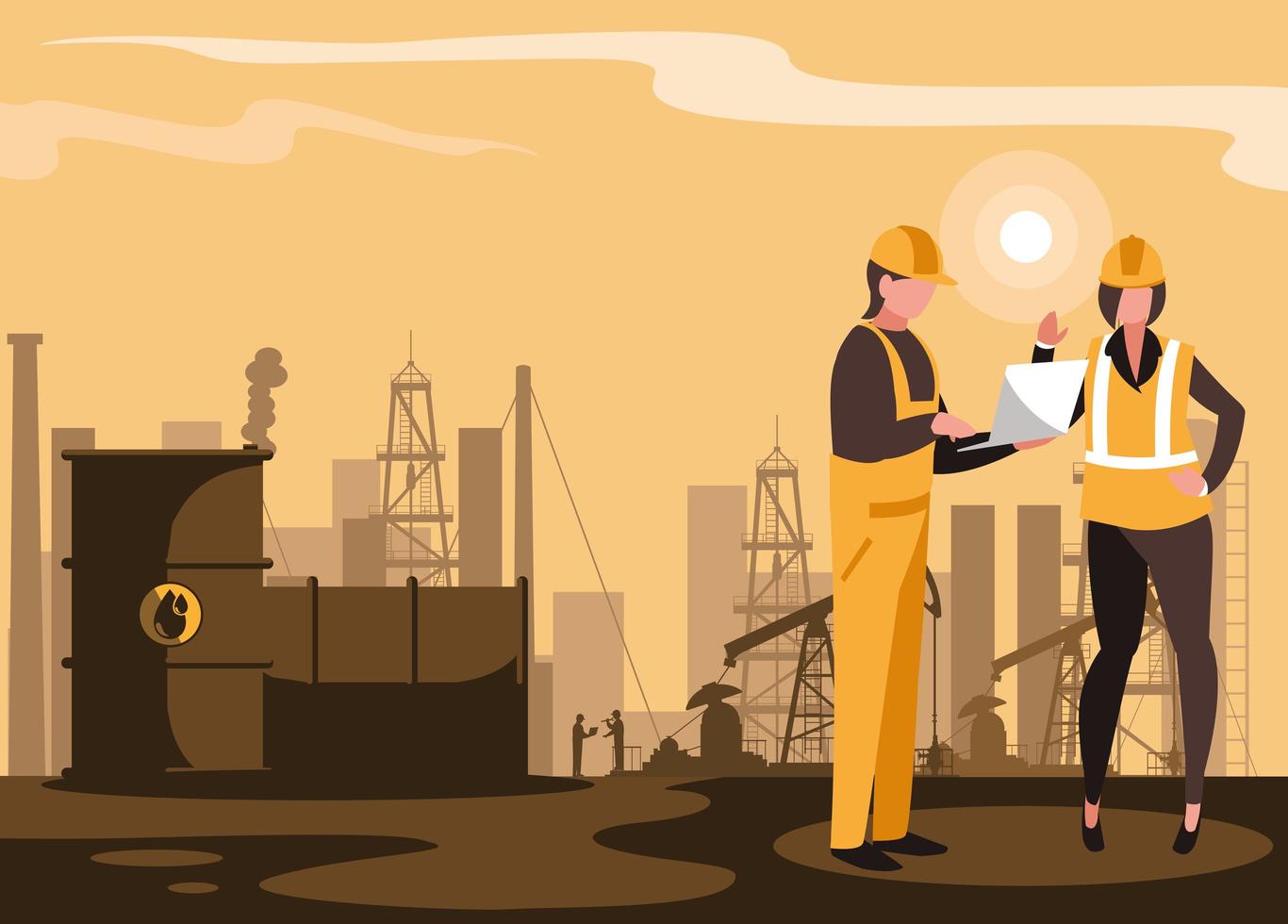 Oil industry scene with plant pipeline and workers vector