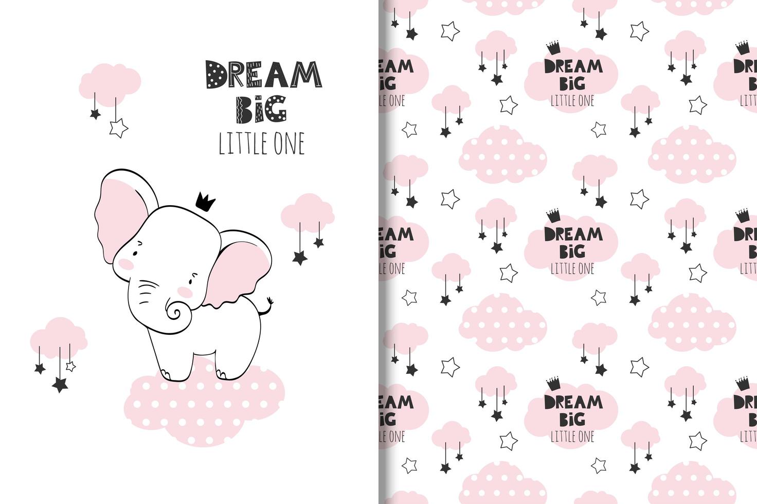 Dream big baby elephant and clouds drawing and pattern vector