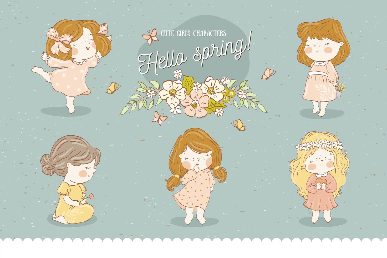 Cute baby girl cartoon characters spring collection vector