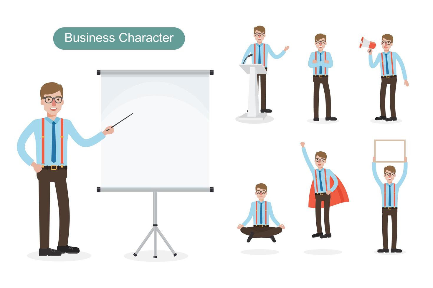 Business man wearing suspenders at work set vector