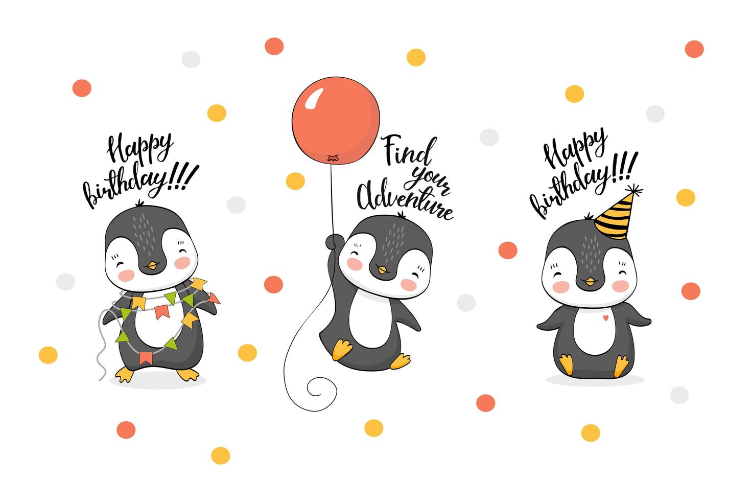 linda colección de personajes de pingüinos de dibujos animados de cumpleaños vector