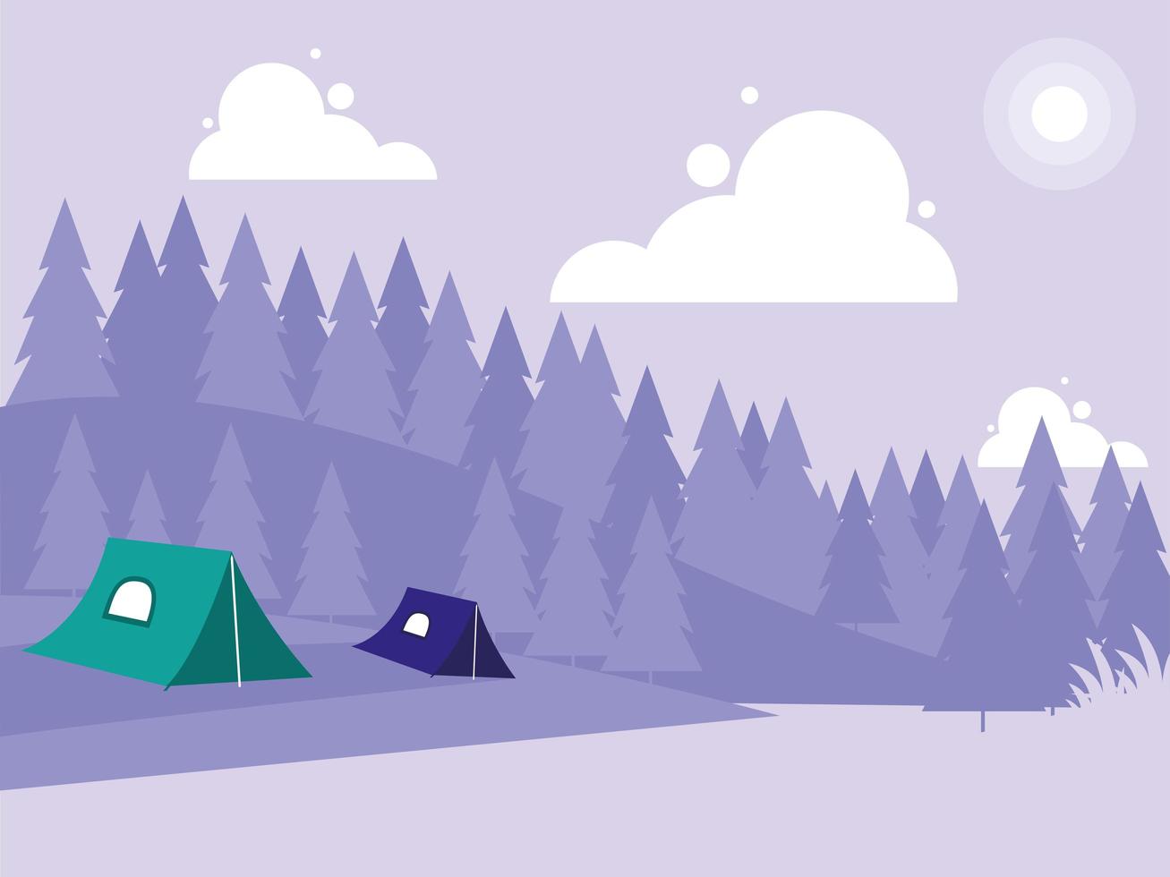 Creative landscape with mountains and camping tents vector