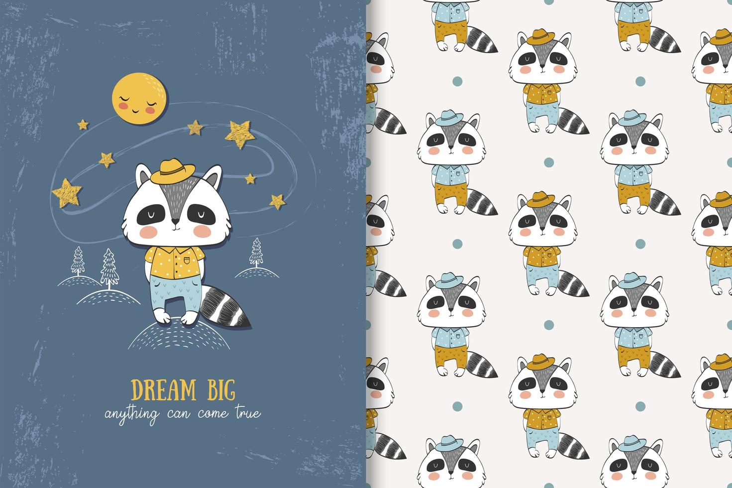 Cartoon raccoon among stars and moon drawing and pattern vector